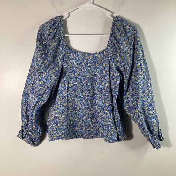 Womens Universal Thread V Neck Baby Doll Floral Top Blue White XS Cotton Cropped - Picture 2 of 9